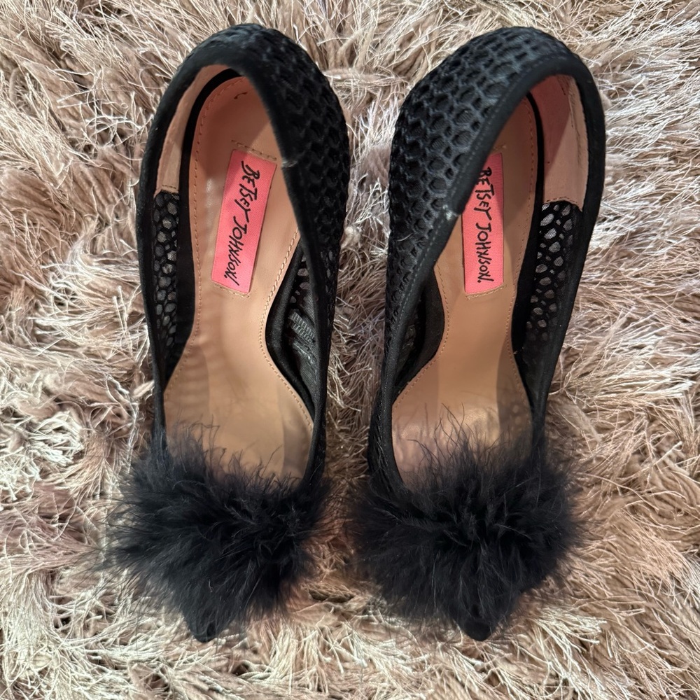 Betsey Johnson Black Mesh Heels with Fluffy Accent - Picture 10 of 10